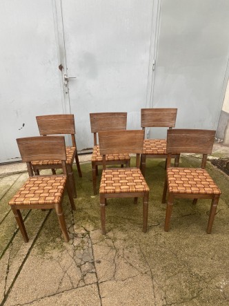 6 chaises en chene cerusé assise en rotin bicolore circa 1950